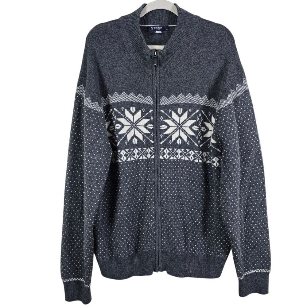 Cremieux Mens Gray Lambswool Nordic Fair Isle Full Zip Cardigan Sweater XXL